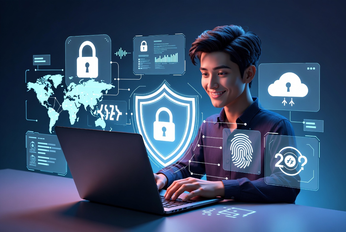 Create a modern, realistic cybersecurity-themed feature image for a blog titled "How to Protect Your Personal Data Online: 8 Proven Tips for Ultimate Security." Show a confident young professional using a laptop while surrounded by glowing digital security elements such as a shield icon, padlock, encrypted data streams, password symbols, fingerprint authentication, two-factor authentication code, secure cloud storage, and a world map connected by secure network lines. Include subtle holographic UI panels displaying cybersecurity analytics and privacy settings. The background should feature a futuristic blue and dark navy gradient with soft neon lighting, giving a clean, professional, and trustworthy appearance. Use ultra-realistic lighting, high detail, sharp focus, 3D digital illustration style, premium blog header design, no text, no watermark, no logo, 16:9 aspect ratio, 4K resolution, highly detailed, SEO blog feature image.