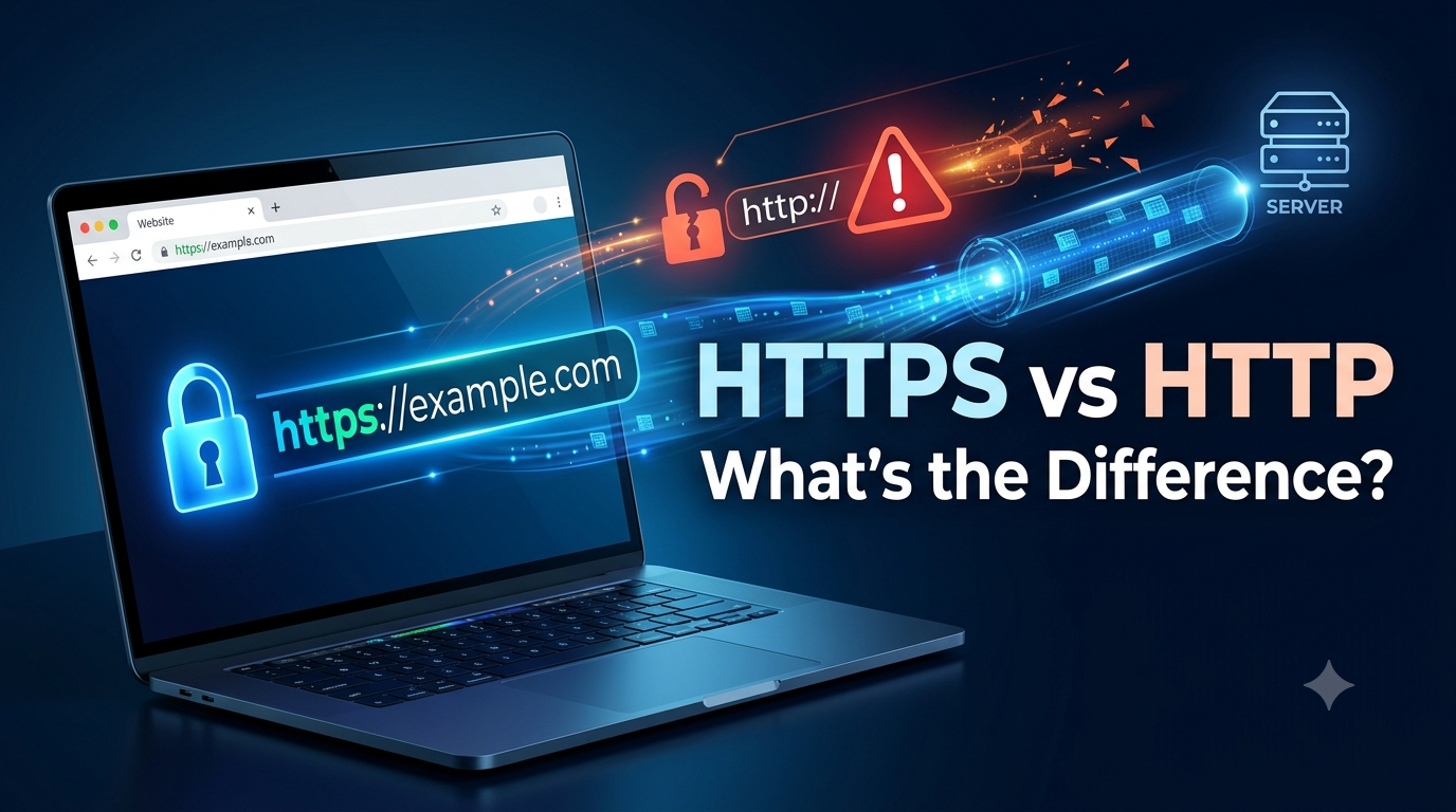 Create a highly clickable, modern cybersecurity blog featured image for an article titled “What Is HTTPS and How Is It Different From HTTP Explained Simply.” Show a laptop displaying a website address bar with “HTTPS” and a large glowing security padlock, while an “HTTP” connection appears on the opposite side with a warning symbol. Use a clear visual contrast between the protected HTTPS connection and the unprotected HTTP connection, with digital data streams traveling between a browser and web server. Add bold readable text: “HTTPS vs HTTP” and smaller text: “What’s the Difference?” Use a premium blue, dark navy, and white cybersecurity aesthetic, dramatic lighting, clean composition, professional technology-blog style, and a strong visual hierarchy optimized for high click-through rate.